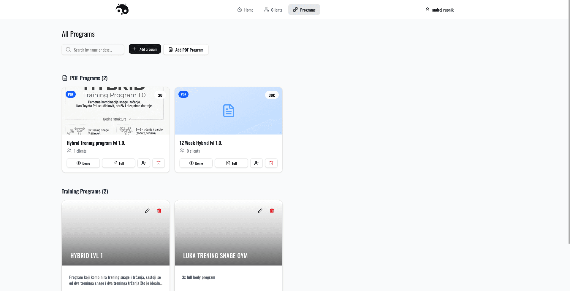 Dashboard za trenere desktop 2